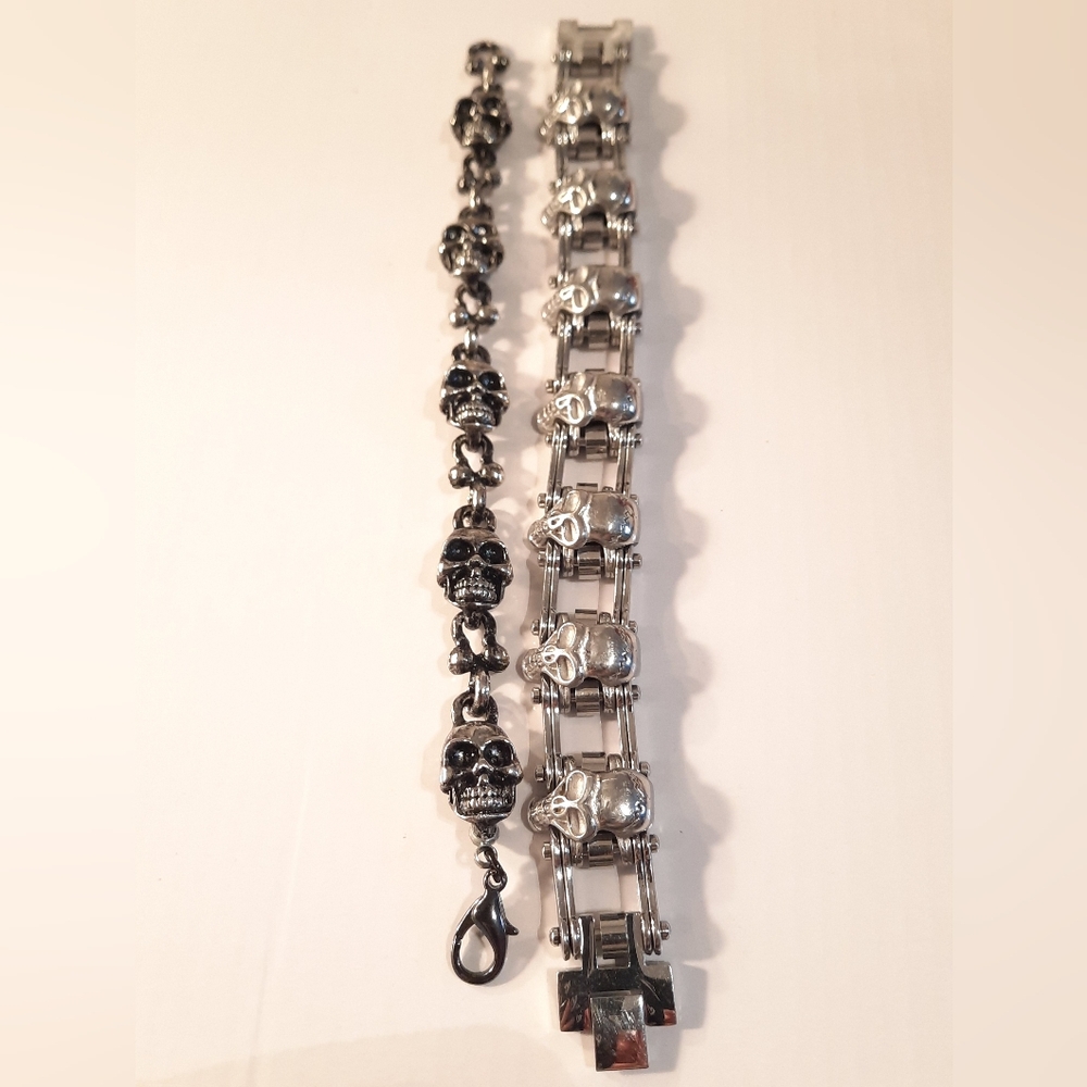 Silver Stainless Steel The Big One, Skull Bracelet Set